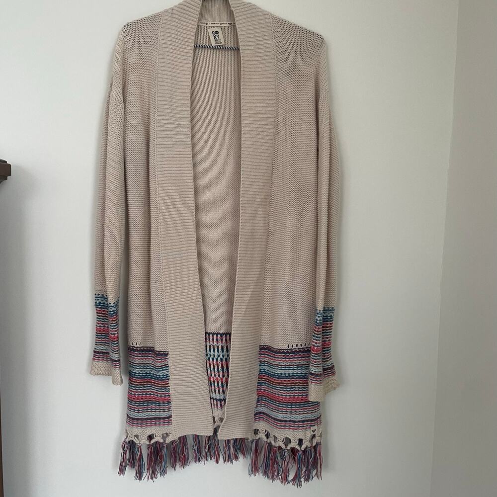 ROXY Near Future Knit Fringe Cardigan Open Front Long Sleeve Size Medium